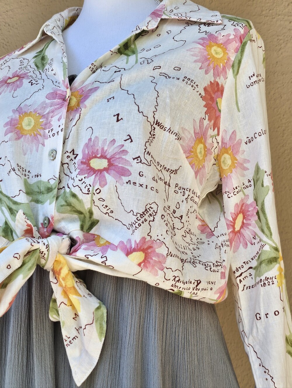 Calypso St. Barth Novelty Print Floral Vacation Destination Map 100% Linen SZ XL - Picture 3 of 15